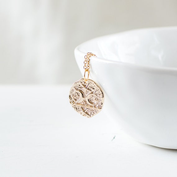 Collier pièce de monnaie croissant de lune, collier lune plaqué or