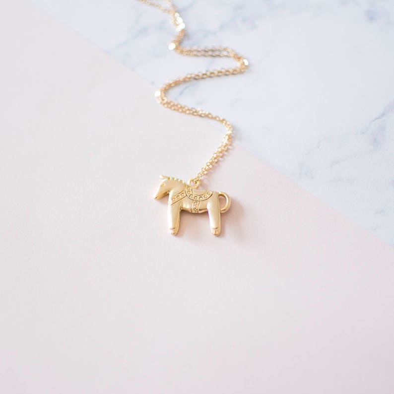 Gold Dala Horse Necklace. Nordic Scandinavian Pendant Necklace. Swedish Folk Jewellery, Animal Charm Necklace, UK. image 3