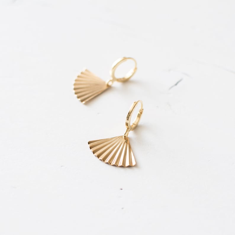Gold Plated Fan Hoop Earrings, Art Deco Style Huggie Earrings, Triangle Huggie Earrings, Ribbed Geometric Earrings, UK. image 1