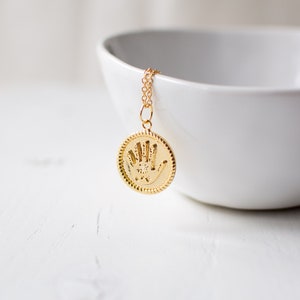Gold Plated Hand Necklace, Palmistry Inspired Coin Necklace, Palm Charm Necklace. image 3