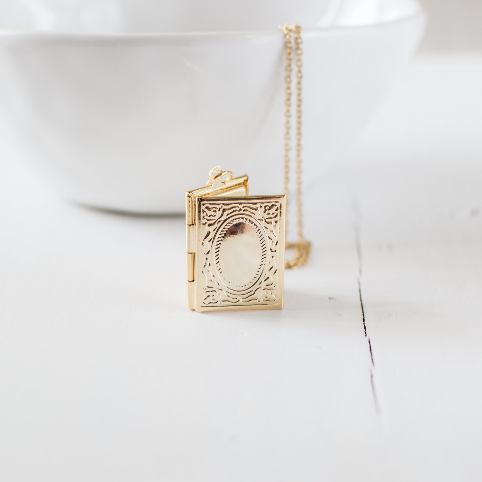 Gold Book Locket Necklace Victorian Style Picture Locket Etsy