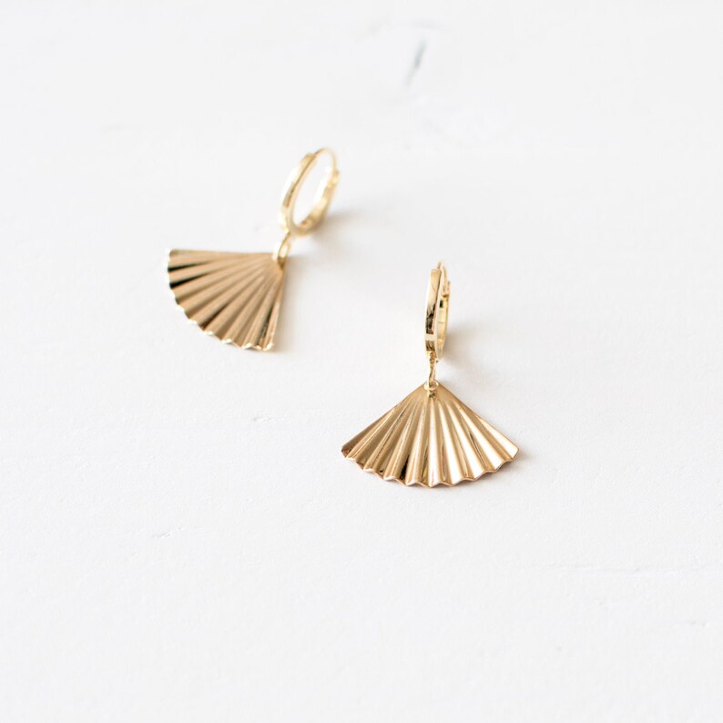 Gold Plated Fan Hoop Earrings, Art Deco Style Huggie Earrings, Triangle Huggie Earrings, Ribbed Geometric Earrings, UK. image 3