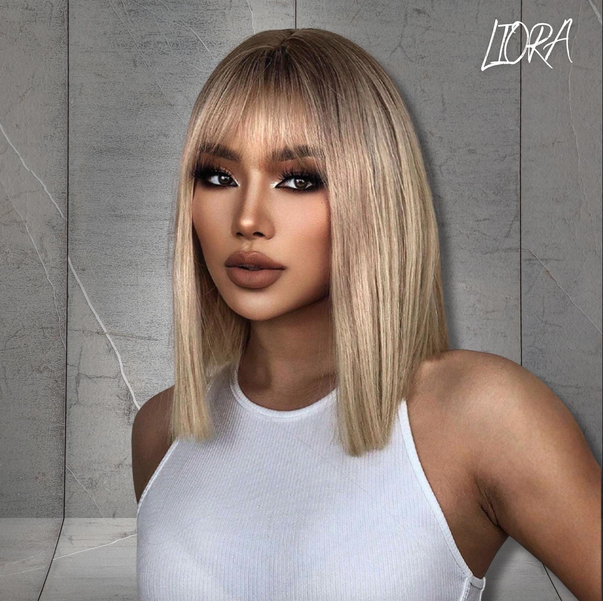 Women Black Blonde Heat Resistant Synthetic Straight Ombre Bob Wig Bangs 10 Inch OUFEI Ombre Blonde Bob Wig with Bangs - Short Straight  main image 4