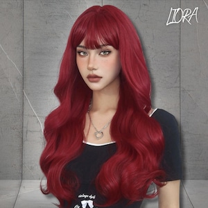 Red Natural Wavy Wigs With Bangs, Long Wavy Red Wig, Mother Gift, Minimalist Red Wig, Gift For Women, Gift For Her