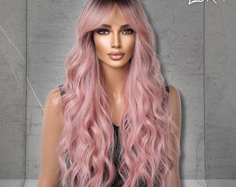 Long Pink Ombre Wig, Long Pink Wig, Curly Pink Wig, Natural Wig, Ombre Wig, Pink Wig, Natural Wavy Wigs, Synthetic Wigs, Gift For Her