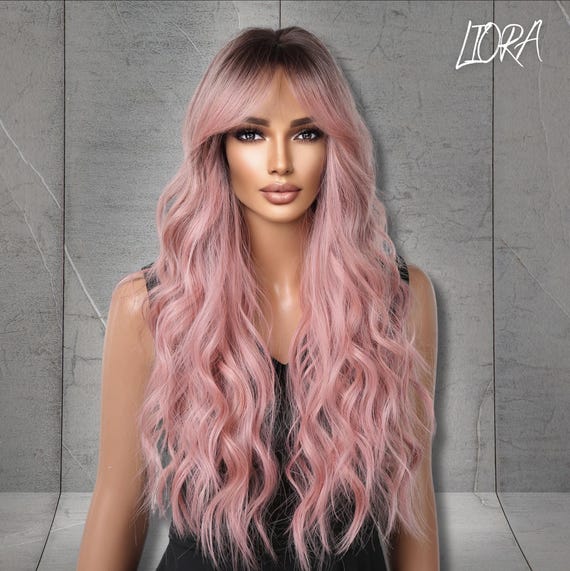 Long Layered Pink Ombre Wig Amazon.com : WIGER Long Wavy Wig With Bangs Pink Romantic  main image 3