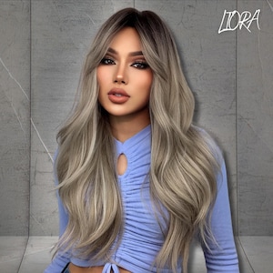 Long Wavy Black Brown Gray Wig, Ombre Synthetic Wig, Wig with Bangs, Cosplay Daily Wig,Party Wig for Women, Heat Resistant Wig, Gift for Her