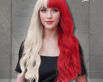 May include: A woman with long, wavy hair, split vertically into two colors: a vibrant red on the right and a pale blonde on the left. She wears a black top and has a neutral expression. The word "LIORA" is written in white script in the upper right corner.