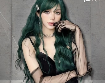 Long Green Wavy Wig with Bangs, Heat-Resistant Synthetic Curly Wig for Women, Perfect for Daily Wig, Valentine's Day Gift, Gift For Her