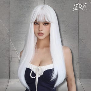 前髪付きロングストレート合成ホワイトウィッグ、女性用ファッションウィッグ、パーティーコスプレウィッグ、耐熱ウィッグ、女性へのギフト、彼女へのギフト