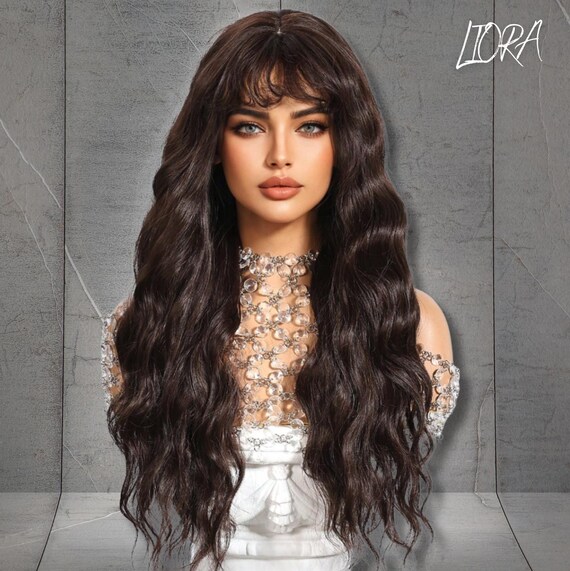 Natural Long Brown Wavy Wig, Wig With Bangs, 24 Inch Heat  display picture 1