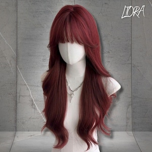 Long Burgundy Wig With Bangs, Heat Resistant Wavy Synthetic Wig, 26 Inch Natural Look Wig, Wig For Women, Cosplay Wig, Gift for Her