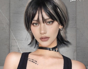 Black and White Short Wig With Bangs, Straight Short Two Color Wig,Synthetic Wig, Wig For Women,Gift For Women, Gift For Her