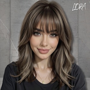 Elegant Brown Straight Wig, Highlights Wig with Bangs, Dark Roots To Light Ends Wig, Synthetic Wig, Party Wig, Gift for Her