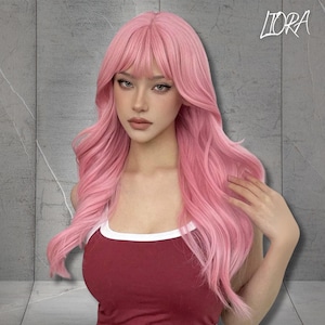 Pink 24 Inch Long Curly Synthetic Wig With Bangs For Women,Pink Hair Daily Cosplay Wigs,Gift For Women,Long Pink Curly Wig, Gift For Her