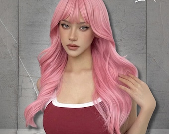 Pink 24 Inch Long Curly Synthetic Wig With Bangs For Women,Pink Hair Daily Cosplay Wigs,Gift For Women,Long Pink Curly Wig, Gift For Her
