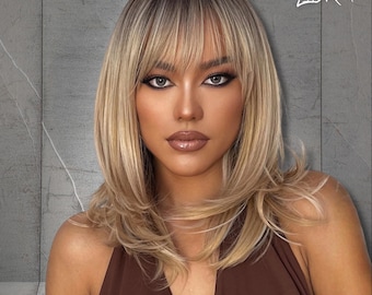Long Layered Blonde Ombre Wig with Bangs, Heat Resistant Wig, Synthetic Hair for Women, Natural Look for Daily or Party Wig, Gift for Her