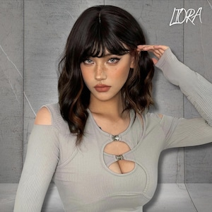 Brown Wavy Wigs,Short Brown Wig With Bangs,Synthetic Wig,Cosplay Wig for Women,Women’s Wig,Women Synthetic Wigs,Gift For Women, Gift For Her