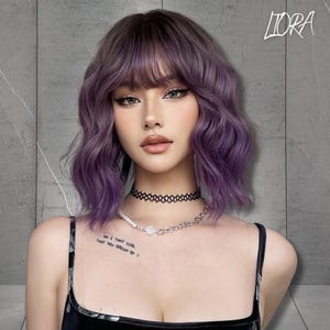 12inch Dark Purple Short Curly Wig, Wig With Bangs, Short Purple Wig,Ombre Color Wavy Synthetic Wigs,Cosplay Wig,Gift For Women,Gift For Her