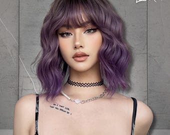 12inch Dark Purple Short Curly Wig, Wig With Bangs, Short Purple Wig,Ombre Color Wavy Synthetic Wigs,Cosplay Wig,Gift For Women,Gift For Her