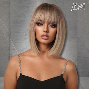 Cut Ash Blonde Bob Wig with Bangs, Heat Resistant Synthetic Wig, Straight Short Wig for Women, Daily Wig, Cosplay Wig, Gift for Her