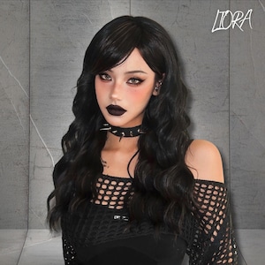Dark Brown Highlight Long Wave Wig, Synthetic Wigs, Wig with Bangs, Brown Cosplay Wig, Natural Wig, Daily Wig, Wig for Women, Gift for Her