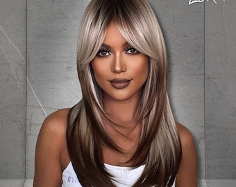 Layered Multicolor Straight Wig with Curtain Bangs, Fluffy Synthetic Hair for Women, Daily Wear Cosplay Wig, Fashion Wig, Gift for Her