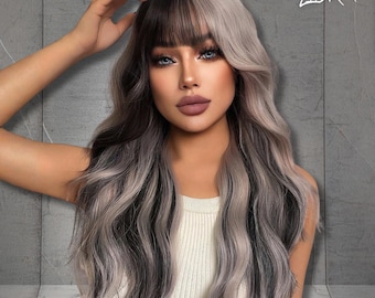 Two Tone Long Wavy Wig with Bangs, Heat Resistant Synthetic Hair, Natural Volume Style, Daily Wear Cosplay Look, Gift for Her