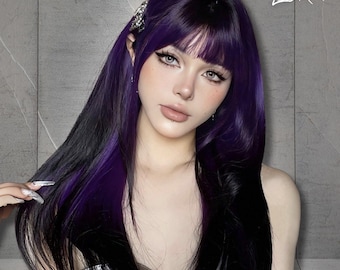 24 Inch Synthetic Black Ombre Purple Straight Bob Wigs, Wig For Women Natural Heat Resistant Fiber Wigs, Gift For Women, Gift For Her