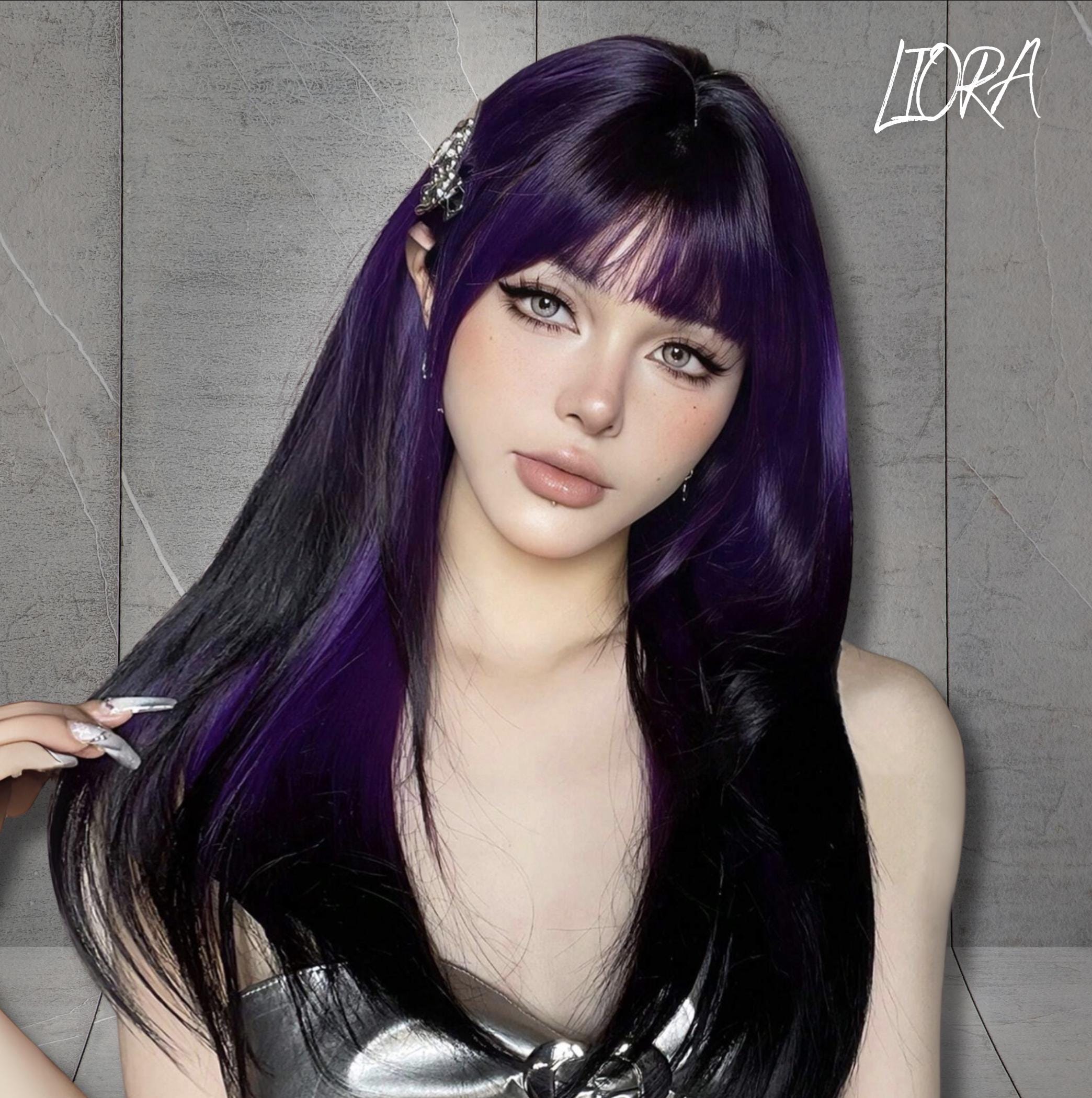 24 Inch Synthetic Black Ombre Purple Straight Bob Wigs, Wig  display picture 3