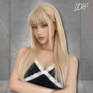 ブロンドのロングストレート合成耐熱ウィッグ、女性用前髪付きブロンドウィッグ、ストレートブロンドヘアウィッグ、女性へのギフト、彼女へのギフト