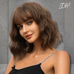 Brown Short Curly Synthetic Wig With Bangs, Short Bob Wigs for Women, Brown Wigs, Short Wavy Bob Wig, Synthetic Wig, Gift For Her