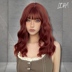 Wavy Burgundy Wig With Bangs, Synthetic Wigs, Curly Wig, Woman Wigs, Cosplay Wig, Gift For Mother, Gift For Her