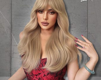 Golden Blonde Wig with Bangs, Long Wavy Synthetic Wig, Heat Resistant Layered Wig for Women
