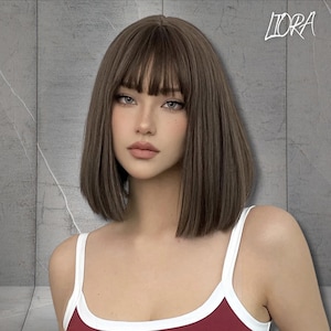 Short Brown Wig, Dark Brown Wig,Brown Bob Wig,Short Bob Wig, Wig With Bangs,Cosplay Wig, Synthetic Wig,Straight Brown Wig, Gift For Her