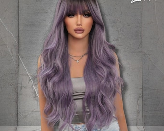 Purple Long Wavy Wig with Bangs, Heat Resistant Synthetic Wig with Brown Roots for Women, Fashion Wig, Christmas Wig, Gift for Her