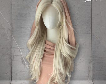 Blonde gewellte Perücke, lange hitzebeständige Mittelteil-Perücke, natürlich aussehende lockige Perücke für Frauen, Valentinstagsgeschenk, Geschenk für sie