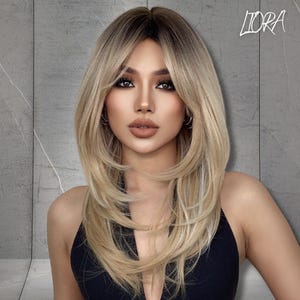 24 Inch Medium Straight Synthetic Wig, Dark Root Blonde Wig With Bangs, Ombre Blonde Wig, Gift For Women, Gift For Her