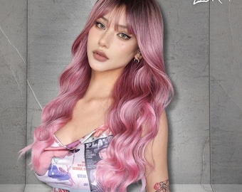 Pink Long Wavy Synthetic Wig for Women, U Part Lace Wig, Heat-Resistant Body Wave Wig,Gift For Women, Gift For Her