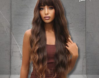 Lange Ombre Brown Lockige Perücke mit Pony, Hitzebeständige Synthetische Perücke, Braunes gewelltes Haarteil für Frauen, Tägliche Perücke, Cosplay Perücke, Kostümperücke