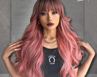 Pink Long Wavy Wig, Wig For Women, Fashion Natural Synthetic Wig, Heat Resistant Wig, Party Wig, Cosplay Wig, Gift for Women, Gift for Her