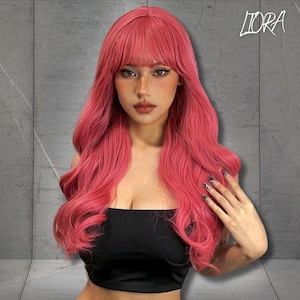Long Wavy Pink Wig, Pink Synthetic Wig, Wig with Bangs, Women Cosplay Wig, Party Wig, Heat Resistant Wig, Gift for Women, Gift for Her