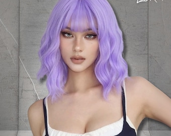 Short Purple Curly Wig, Women Wig With Bangs, Light Purple Wig, Heat Resistant Wig, Short Synthetic Purple Wig ,Gift For Woman, Gift For Her