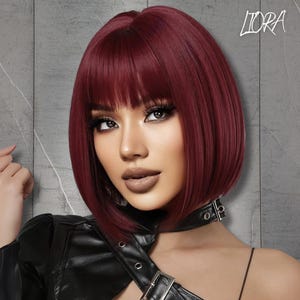Short Straight Bob Red Wine Wig, Burgundy Wig, Short Straight Hair Wig, Woman Wig, Synthetic Wig,Natural Wig, Cosplay Wig, Gift For Her
