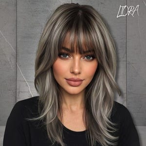 Elegant Grey Wavy Wig, Women Wig With Bangs, Ombre Dark Root to Silver Tips, Heat-Resistant Wig, Synthetic Wig, Party Wig, Daily Wig