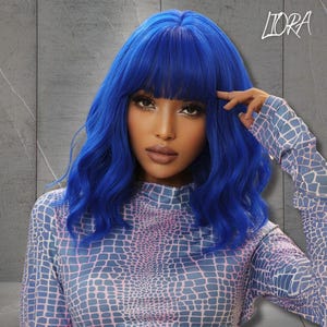 Electric Blue Wig for Women, Wavy Synthetic Wig, Heat-Resistant Cosplay Wig, Wig with Bangs, Festival Wig, Cosplay Wig, Gift for Her