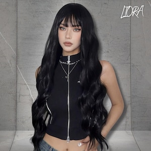 Black Long Wigs With Bangs For Women,Black Natural Wig, Black Wavy Synthetic Soft Wig, Birthday Wigs, Long Wigs, Gift For Her