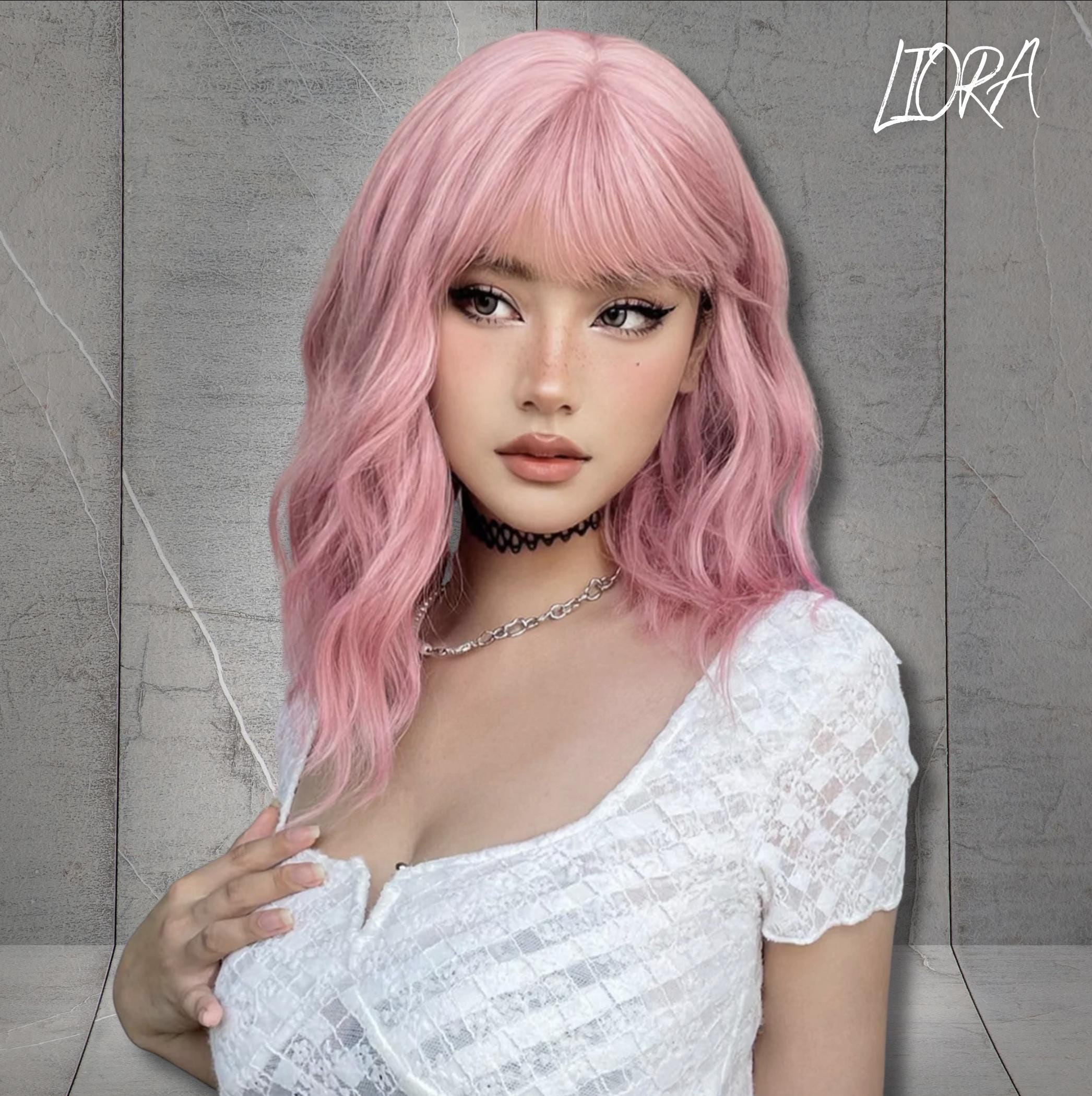 Short Pink Wavy Wig, Pink Wig With Bangs, ,Cosplay Wig, Light Pink Synthetic Wigs, Gift For Women, Gift For Mother ,Gift For Her