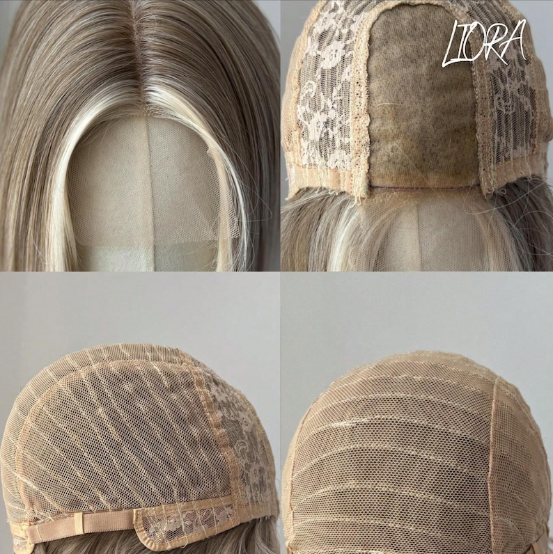 K&ouml;nnte beinhalten: Nahaufnahme einer Per&uuml;cke mit blonden und hellbraunen Str&auml;hnchen. Die Konstruktion der Per&uuml;ckenkappe ist sichtbar, mit einer Spitzenfront und einem Mesh-Design. Der Text "LORA" ist sichtbar.