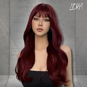 24 Inch Burgundy Long Curly Wig With Bangs, Red Natural Wavy Synthetic Wigs For Women, Fashion Daily Wig, Gift For Women, Gift For Her